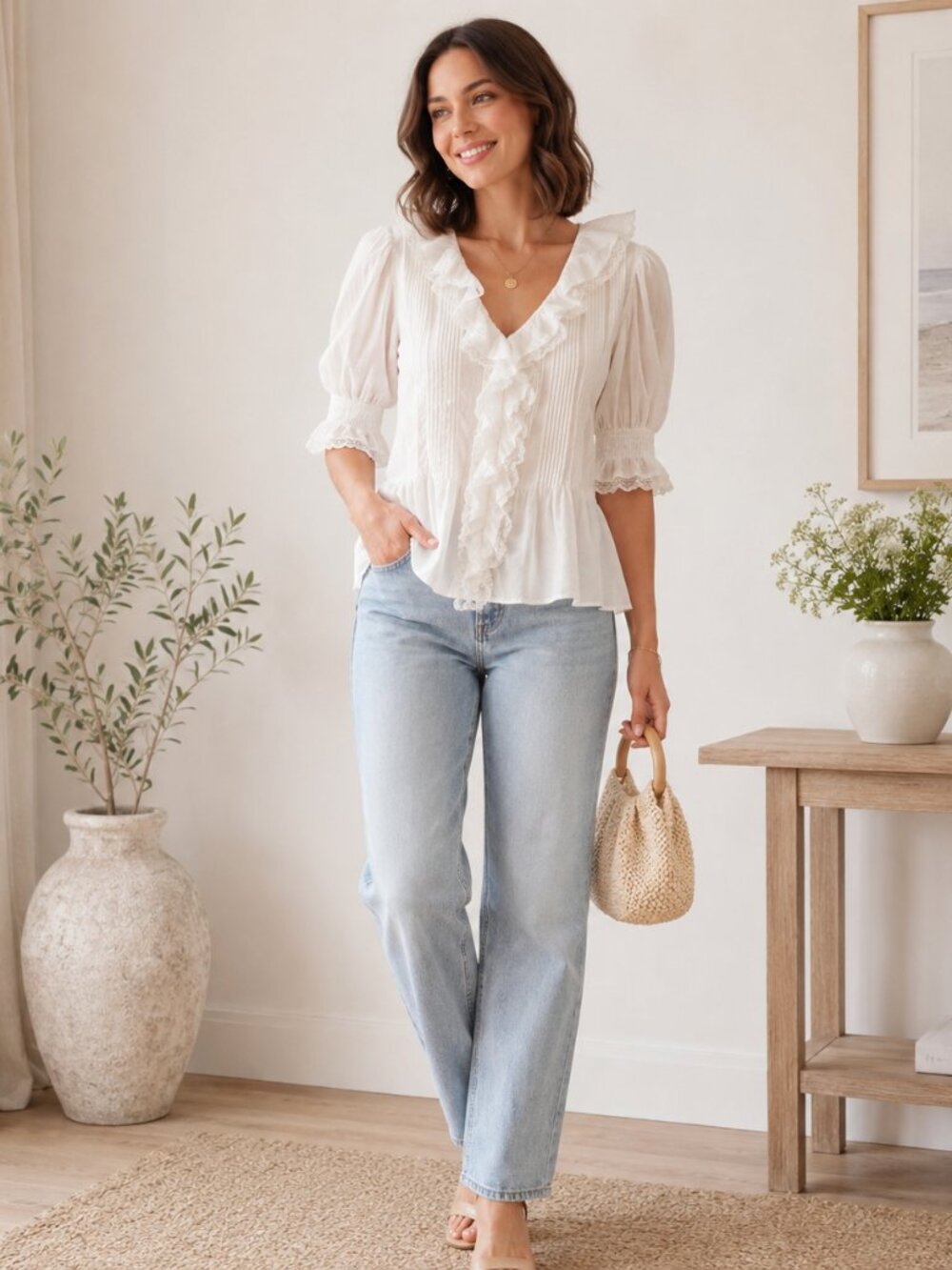MUSE Ivory Ruffle Lace Cotton Blouse NWT Size M